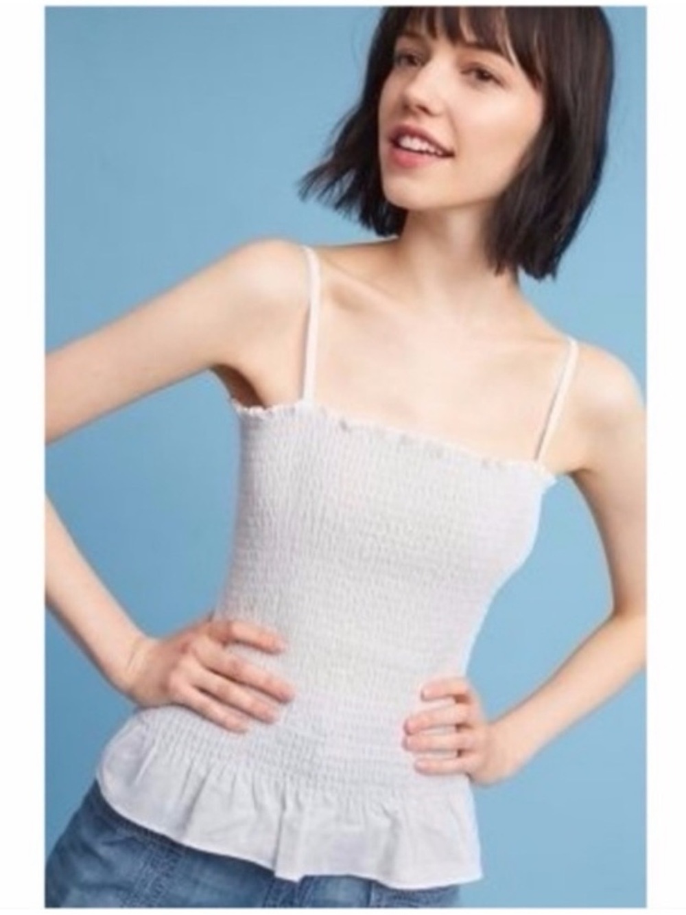 ANTHROPOLOGIE MAEVE WHITE SPAGHETTI STRAP SMOCKED PEPLUM LINEN BLEND TOP SMALL